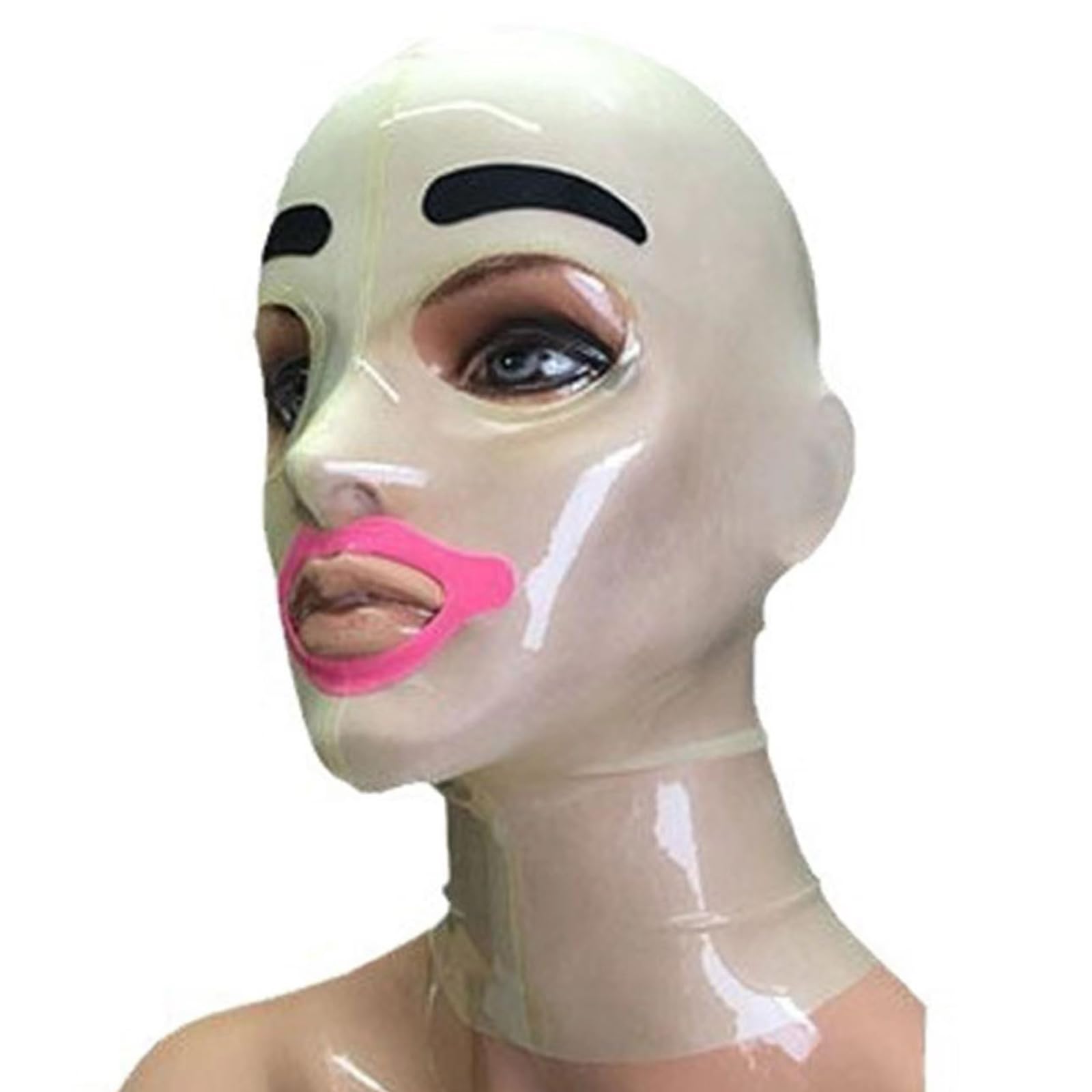 DSPENGS Latex Hood Mask White Fetish Hood Mask Back Zipper for Party Club Wear Halloween Exposed Eyes and Mouth(Size:M-65CM)