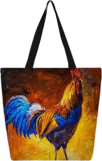 Sacola de lona para mulheres pintura a óleo animal galo sacolas grandes para homens com bolsos sacolas de compras resistentes reutilizáveis sacolas de compras, bolsa de ombro casual para escola, trabalho, praia, Multicor