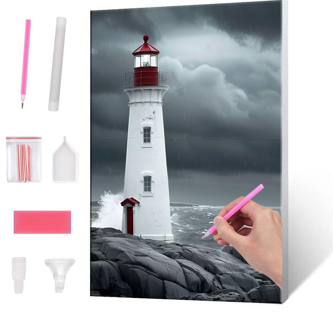 Diamond Painting lighthouse Pintura de Diamante para Adultos y Niños, Diamond Painting Kit Completo Accesorios DIY 5D Cuadro Punto de Cruz Bordados Manualidades Decoracion Hogar Pared 90x120 cm u-133