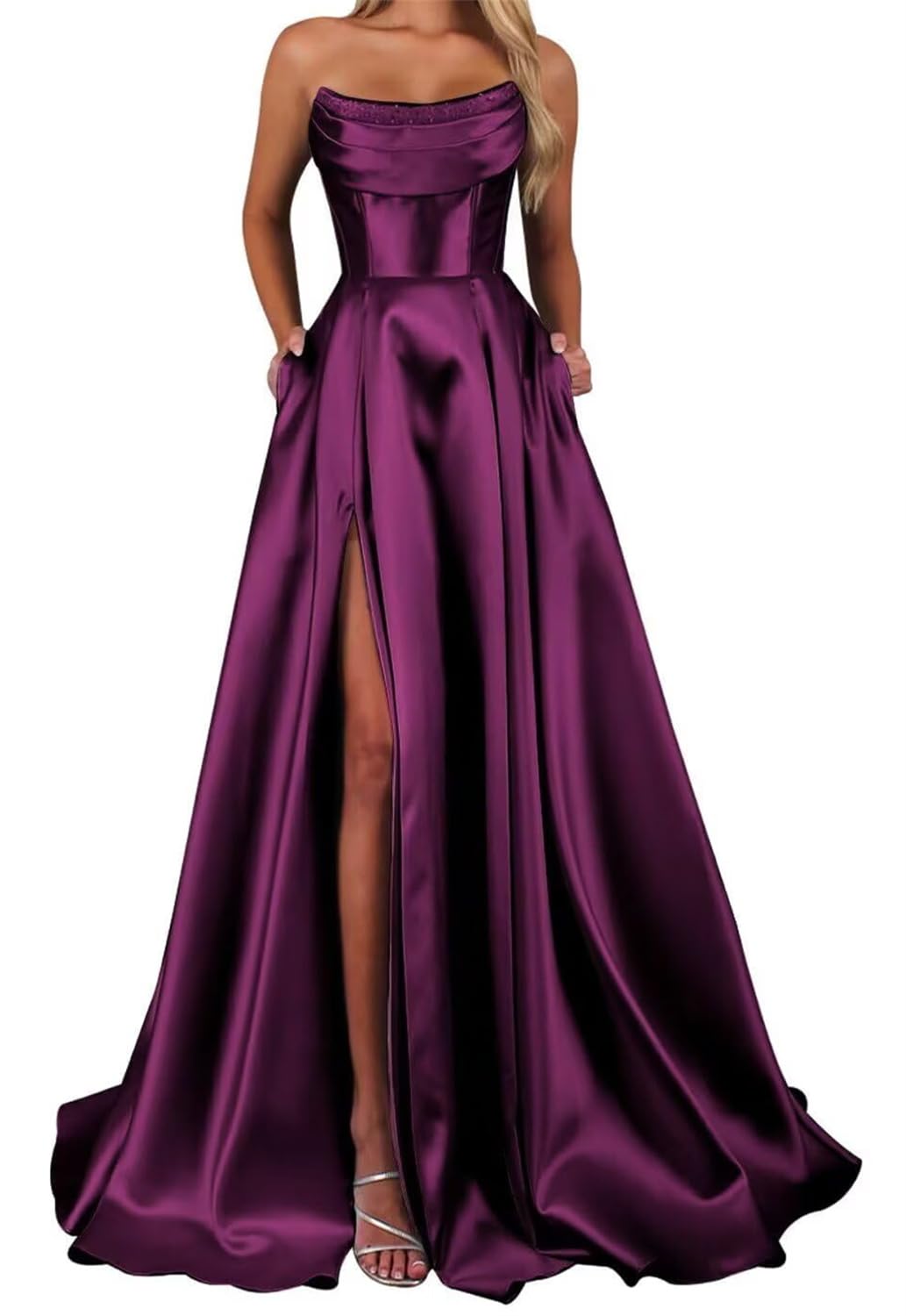 Hppee Women's Plum Satin Prom Dresses With Slit For Strapless Formal Party Gown Corset Long Evening Dress Uk6