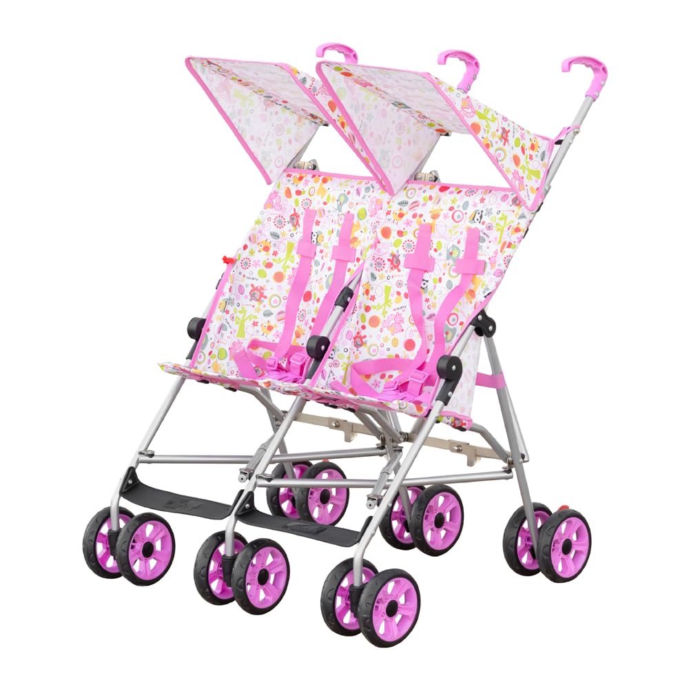 The Moon Brand Jet Plus Twin Buggy Lightweight Travel strollers ,5-point safety Harnesses, Umbrella Fold-360 Rotating Front wheels-large canopy-Linked brake- up to 30Kg,6m+-Pink