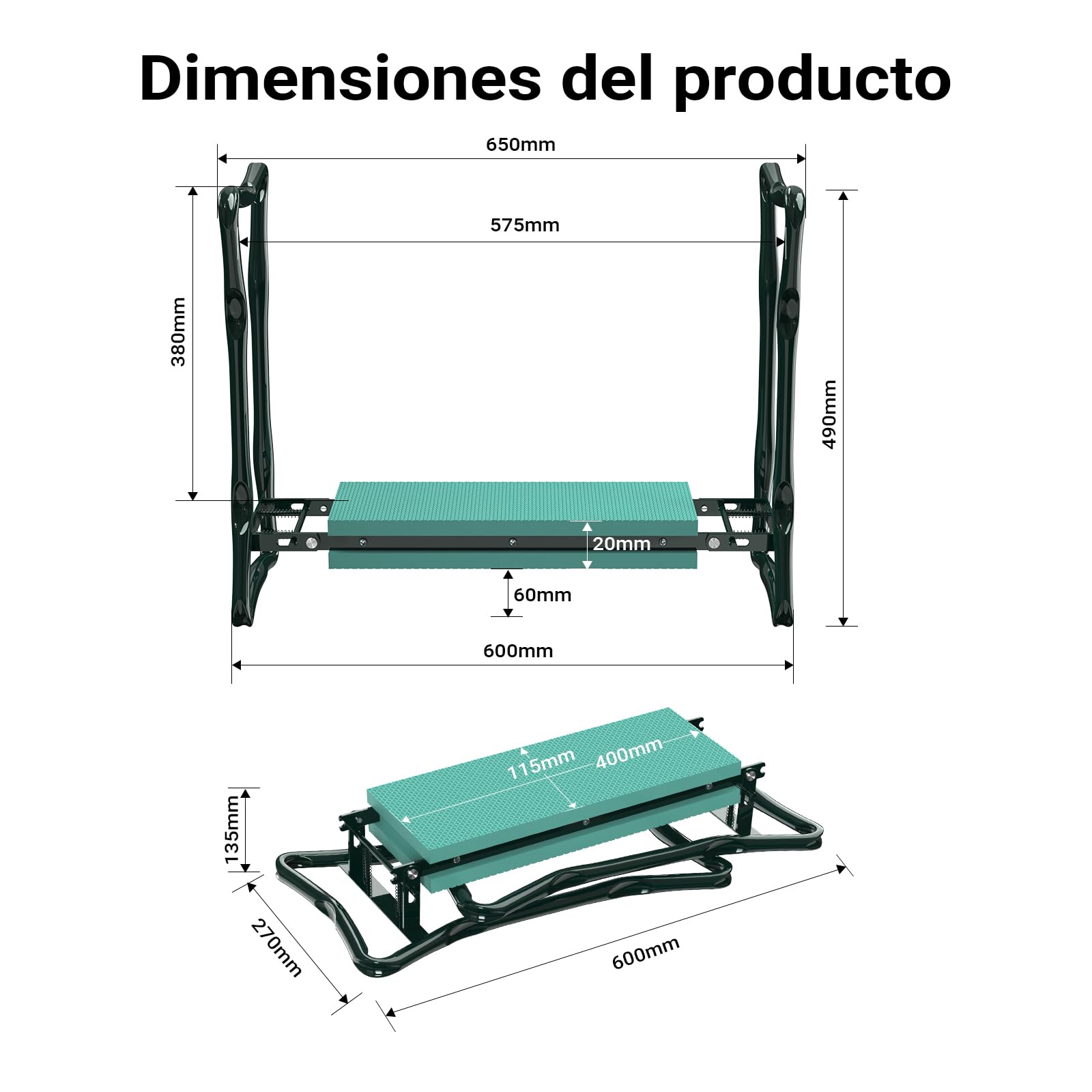 WilTec Silla de jardín para arrodillarse, Acolchada, con Bolso, Asiento y Banco para Rodillas hasta 150 kg