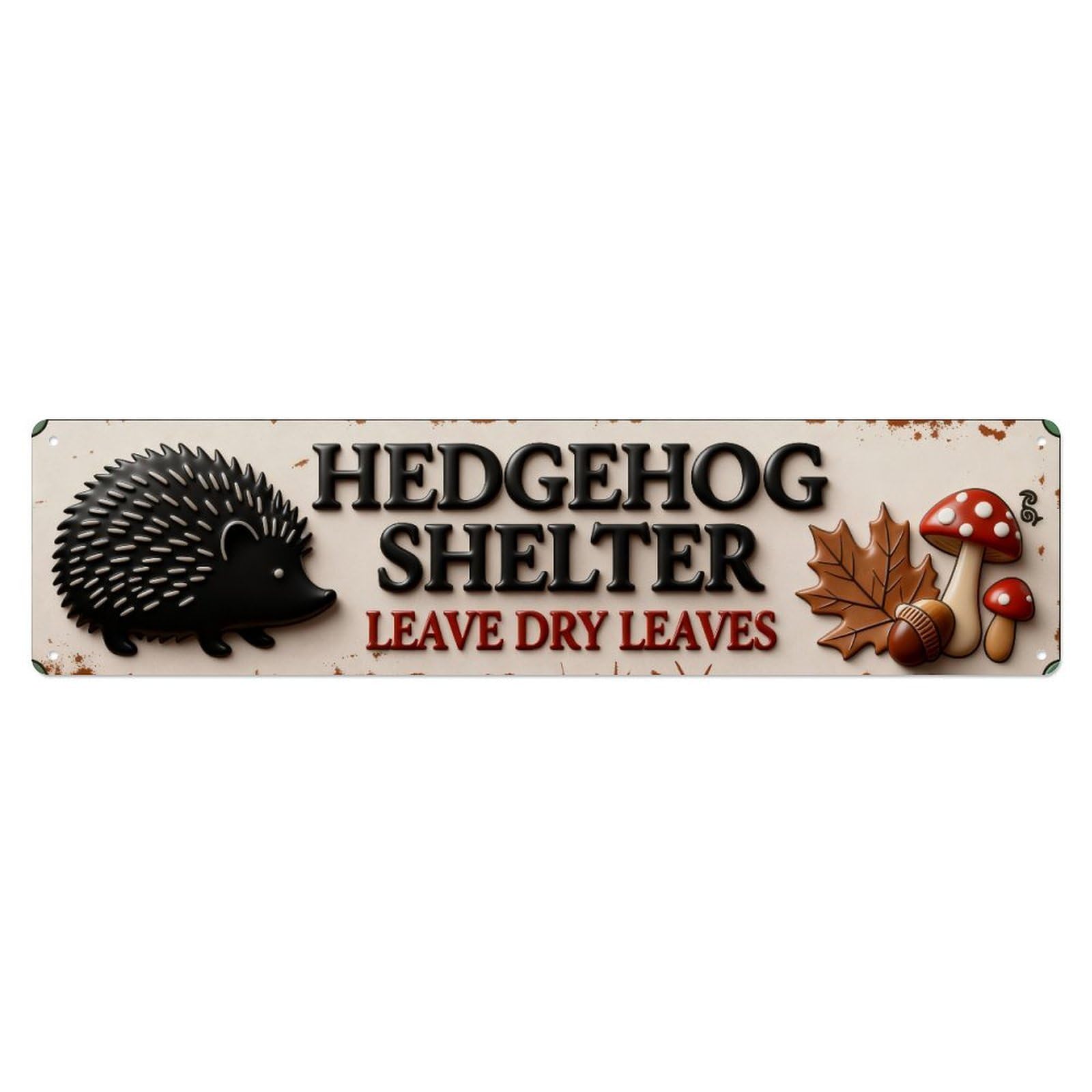 Hedgehog Shelter Leaves Mushrooms Acorn Metal Tin Sign Plaque