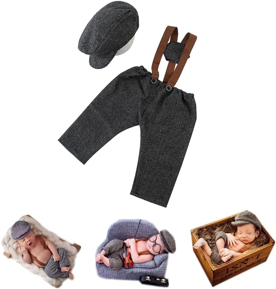 Coberllus Newborn Baby Photography Photo Props Checked Fabric Boys Flat Cap & Suspender Pants Romper Photography