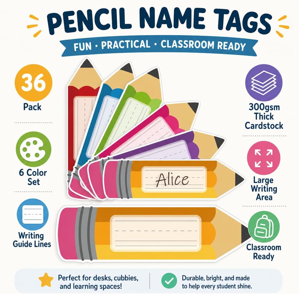 Pencil Name Tags for Classroom, 36 Pack 9” Desk Name Plates, 6 Colors Pencil Shaped Student Name Labels with Writing Lines, Teacher Supplies & Back to School Decor image 4