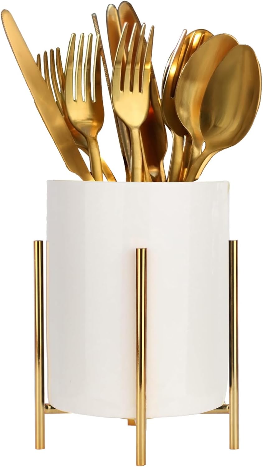 Ceramic Kitchen Utensil Holder with a Solid Metal Frame, White Cutlery Tray Kitchen Utensil Organiser, Cutlery Basket for Organising Drawers and Worktops for All Kitchens(large)