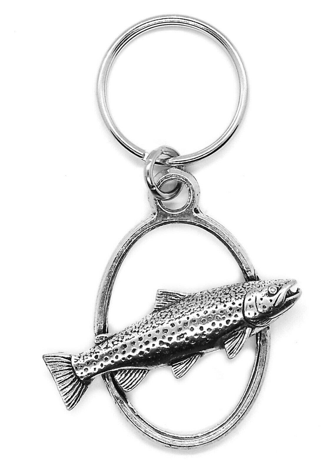 Silver Pewter Brown Trout Fish Oval Keyring (English in a Burlap pouch)
