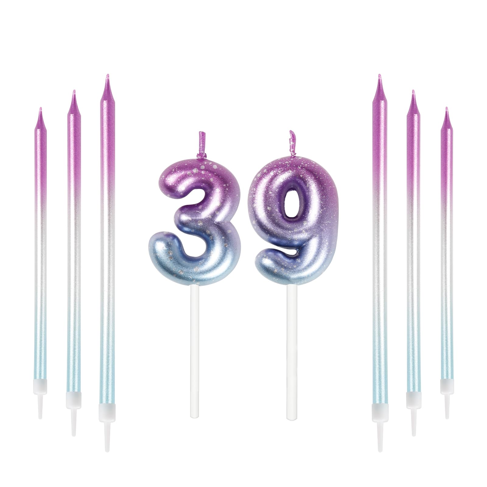 Bougies Chiffre 39 Avec Bougies Longues - Déco Gâteau Anniversaire Violet Et Bleu