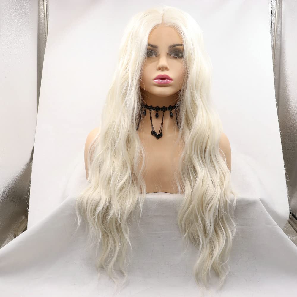 Perruque synthétique ondulée pour femme - Cheveux longs - Blond blanc - Perruque avec dentelle sur le devant - Pour festival, cosplay, fête - Couleur naturelle