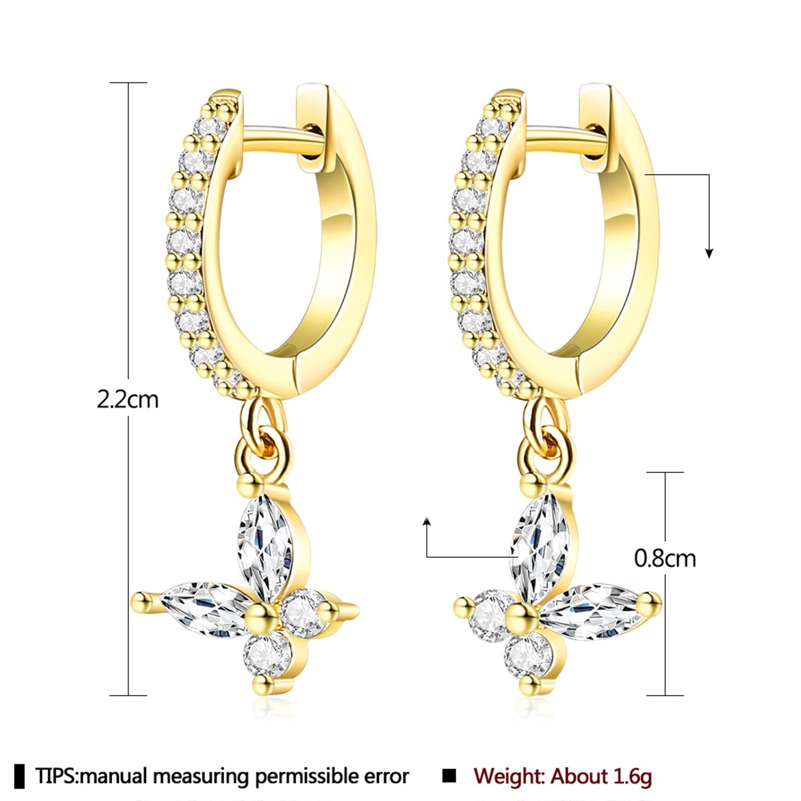 KnSam Pendientes de aro de oro amarillo de 18 quilates Au750 para mujer, pendientes de aro de mariposa con moissanita, talla marquesa, oro 750, pequeños pendientes de oro auténtico, oro