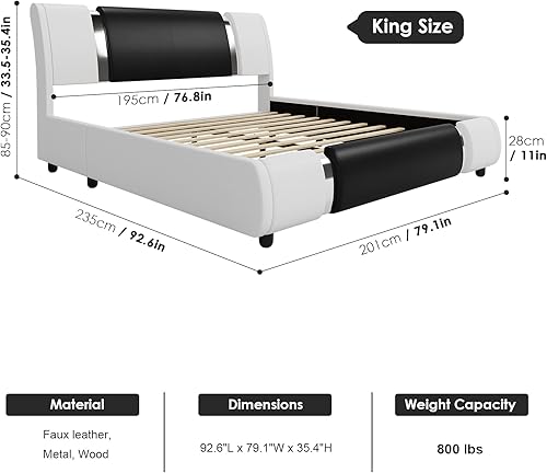 Miniatura 33 de TTVIEW Moderna base de cama tapizada de piel sintética con decoración de metal de hierro, cabecera curvada ajustable, soporte de listones de madera,