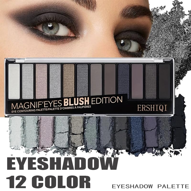 Smokey Eyeshadow Palette 12 Shades,Grey Shimmer Black eye shadow pallets for women,Professional,Long Lasting,Waterproof and Blendable,make-up palettes with Brushes (Smoky) - Image 3