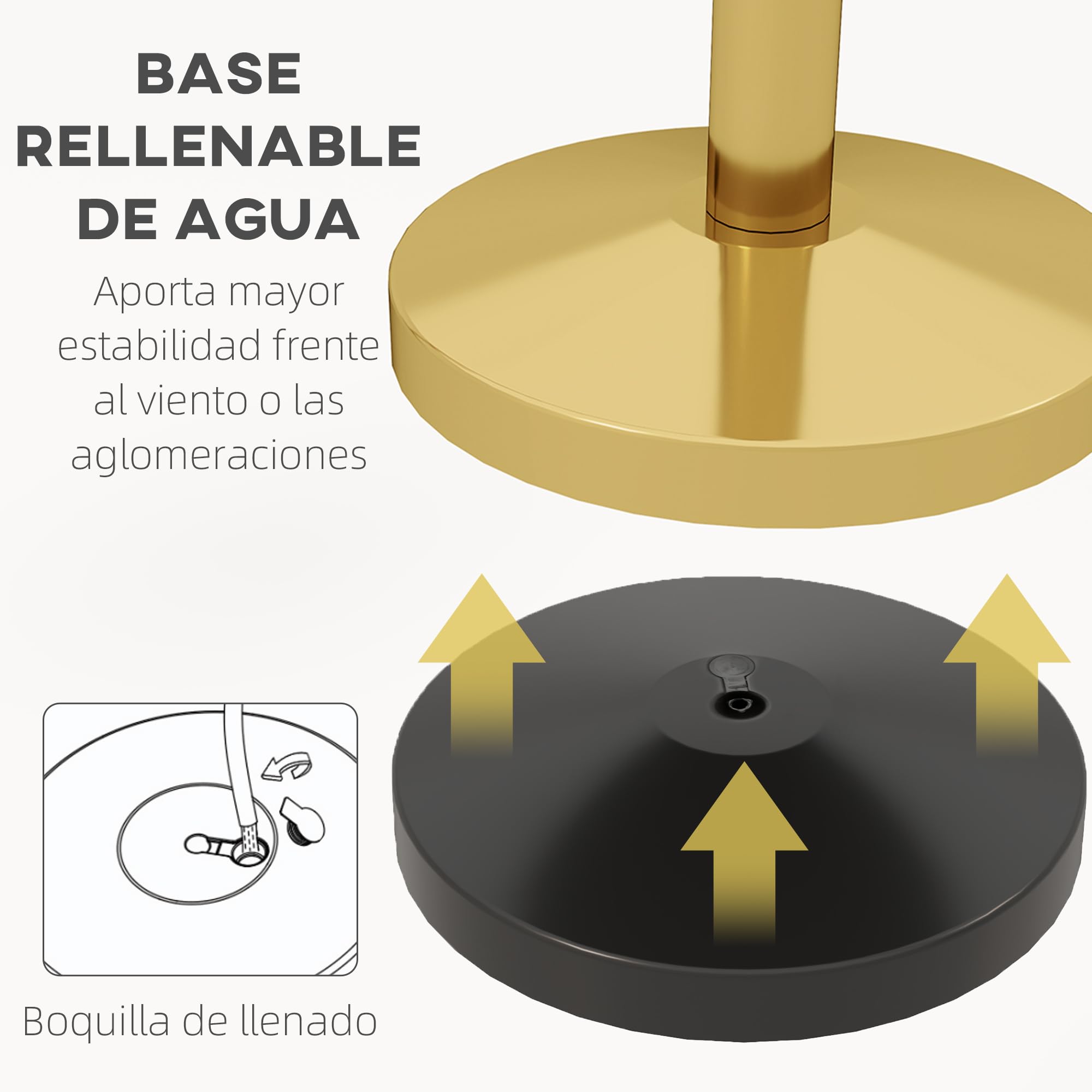 HOMCOM Juego de 2 Postes Separadores de Acero Inoxidable, Barreras de Seguridad con Cuerda de Terciopelo Roja 1,5 m y Base Rellenable de Agua, Dorado