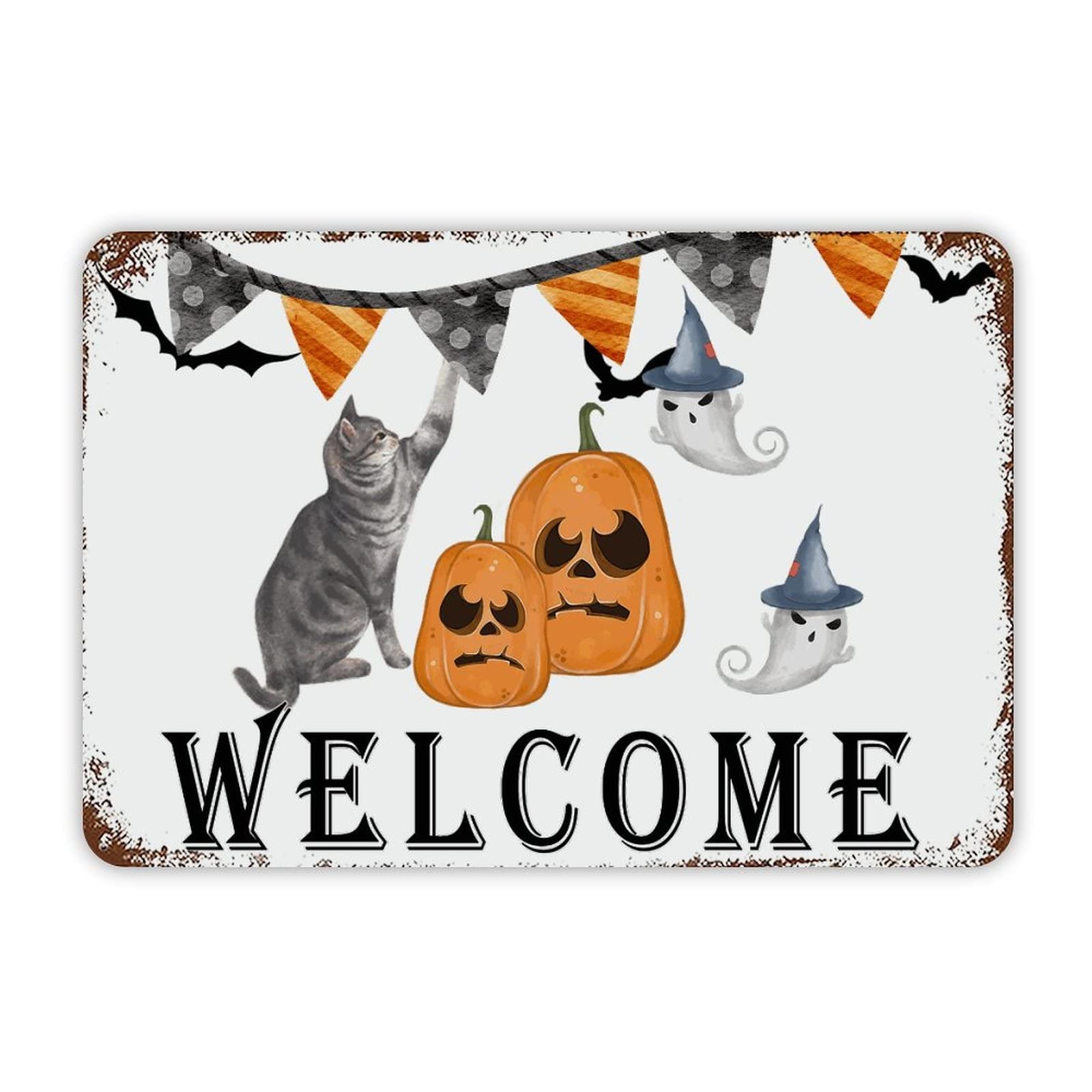 ENEDNATE Welcome Halloween Cat Pumpkin Ghost Aluminum Tin Sign 8x12 Inch Waterproof Vintage Metal Sign for School Office Classroom Gate Garage Garden Home Wall Decoration Housewarming Gifts