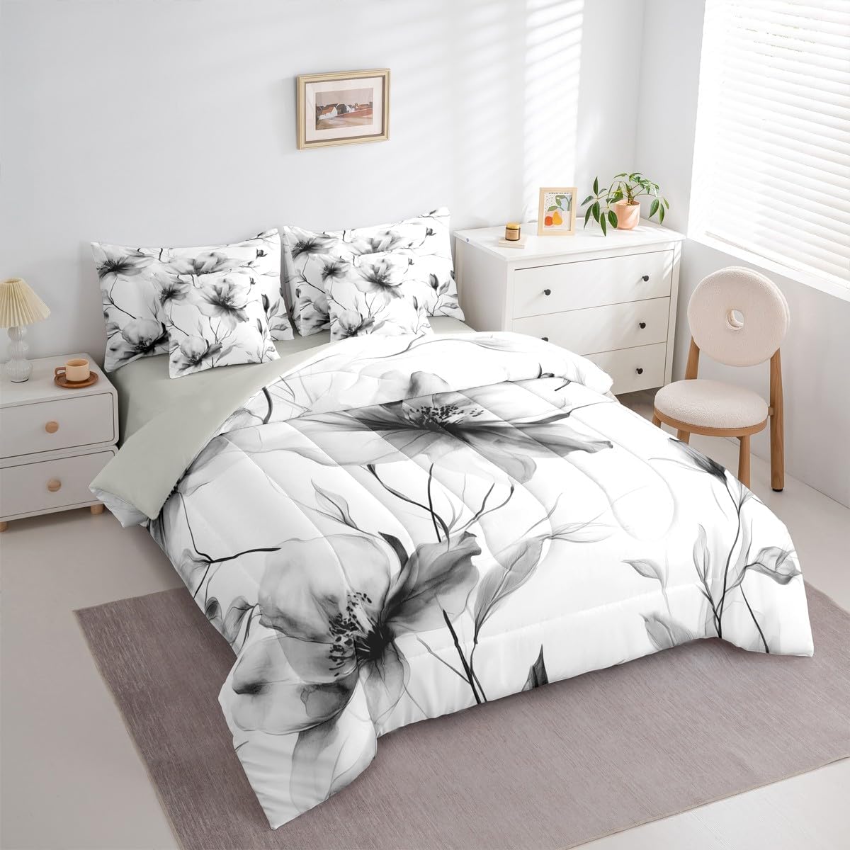 Erosebridal Black and White Floral Comforter Set with Sheets King, Boho Flower 7 Pcs Bedding Set for Women Men, Artistic Watercolor Floral Bed in A Bag, Ink Painting Style Blossom & Leaf Bed Sets
