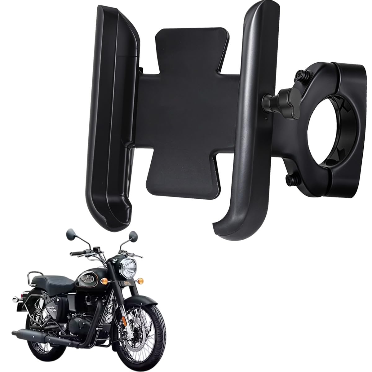 whipone cnc metal bike mobile holder compatible for royal enfield bullet 350, 360° rotation phone mount cradle for bicycle & motorcycle, handlebar for all smartphones, anti-slip, full grip (black)