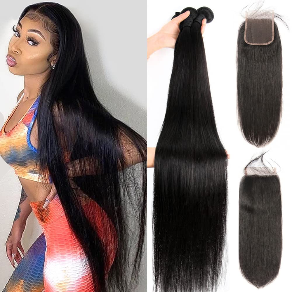 YISEA Straight Human Hair Bundles with Lace Closure (12 14 16+10 Closure) Human Hair 3 Bundles with 4x4 Lace Closure 100% Unprocessed Brazilian Virgin