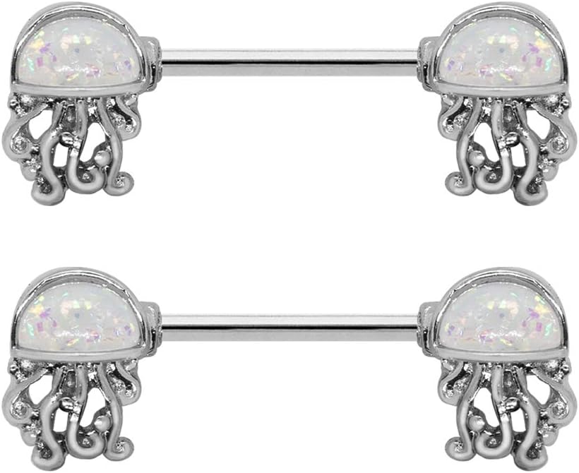 Pierce2GO Paved Silver Opal Jellyfish Rings, 316L Steel - 14 Gauge - 9/16" Barbell (2 Pack)