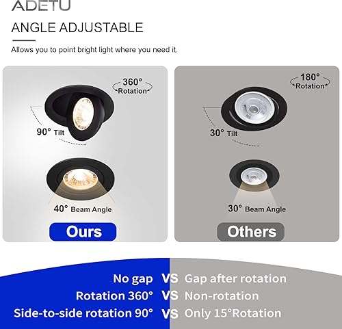 Miniatura 2 de Adetu Luz empotrable LED negra cardán de 4 pulgadas, iluminación empotrable direccional ajustable de 360+90, 2700K3000K3500K4000K5000K con Jbox, ETL
