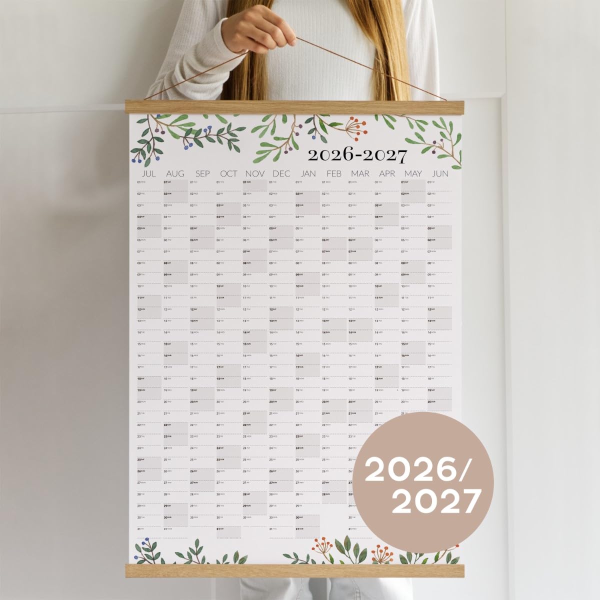 Schuljahres Wandkalender 2026/2027 mit Eichenholzaufhänger- Premium gerollt, 70x100 cm Terminkalender für Lehrer Büro & Planung