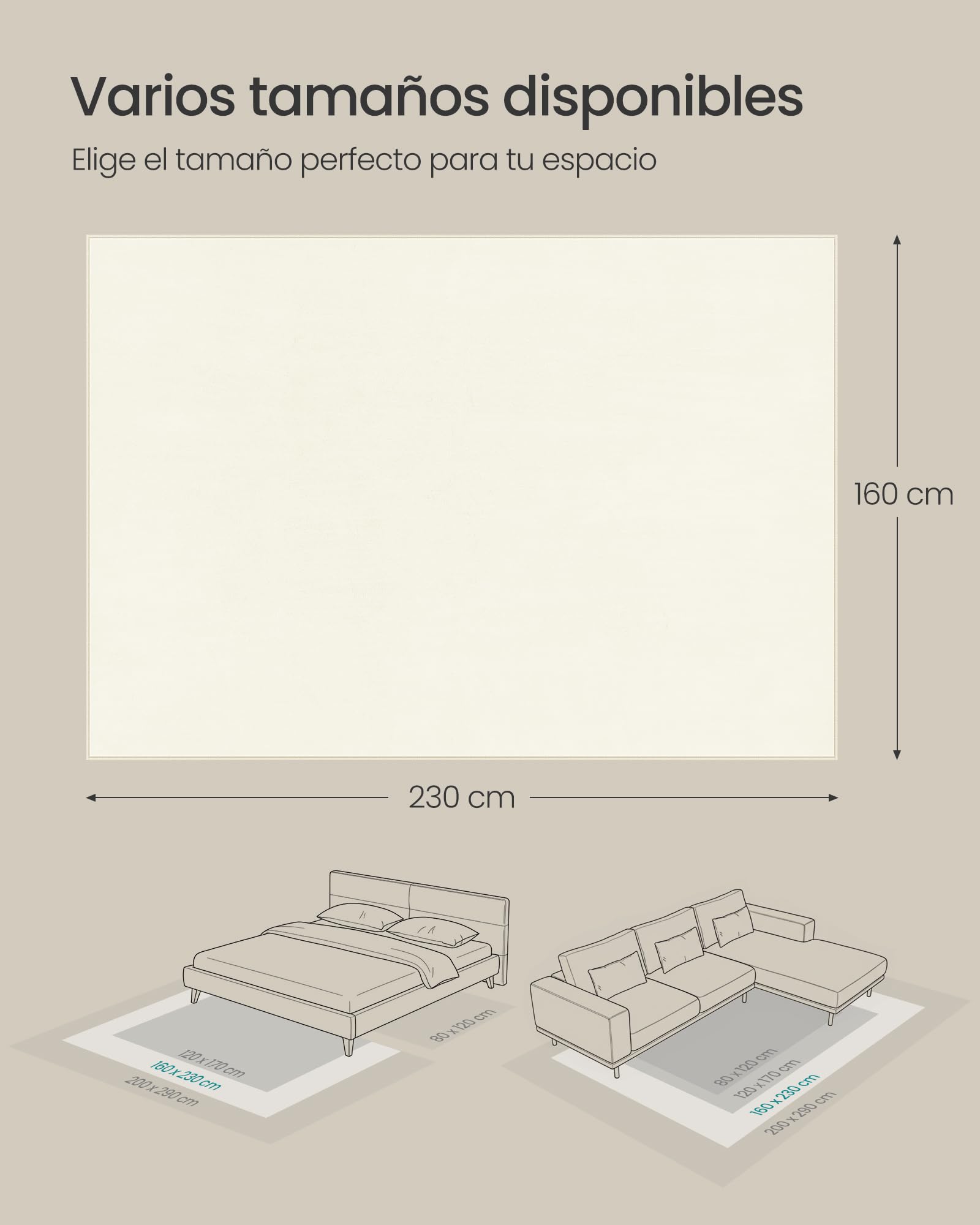 SONGMICS Alfombra, 160 x 230 cm, Alfombra Antideslizante, Decoración del Hogar, para Salón, Dormitorio, Lavable a Máquina, Estilo Moderno, Blanco Crema TAR013WZ02