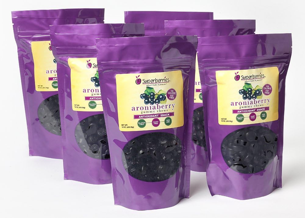 Superberries Aronia berry (Chokeberry) Antioxidant Gummy Chews 16 oz. Bag. 6 Pack. 840 Gummies. 84 servings.