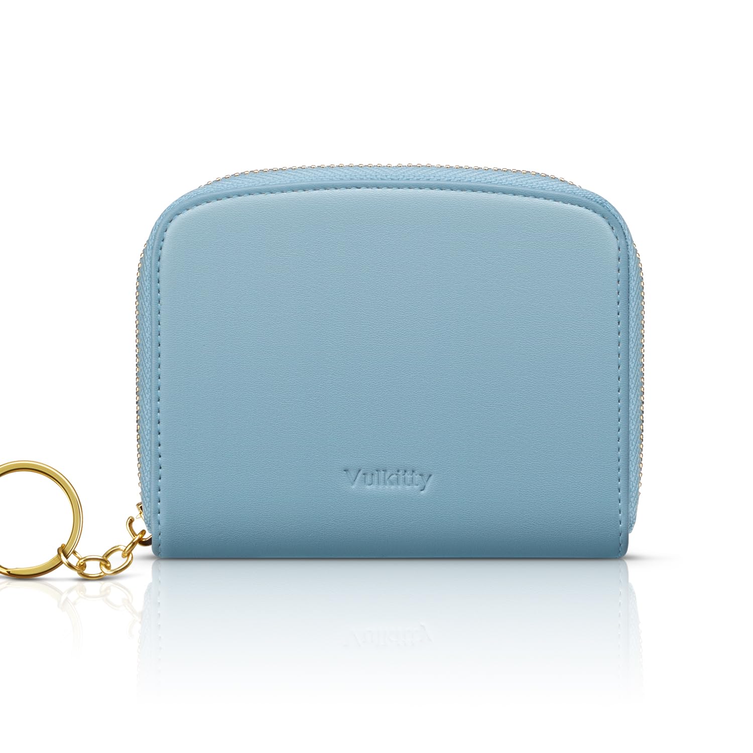 Vulkitty Small Wallet For Women RFID Blocking With Zipper Around Case Trifold Compact Leather Card Purse with Coin Pocket Blue