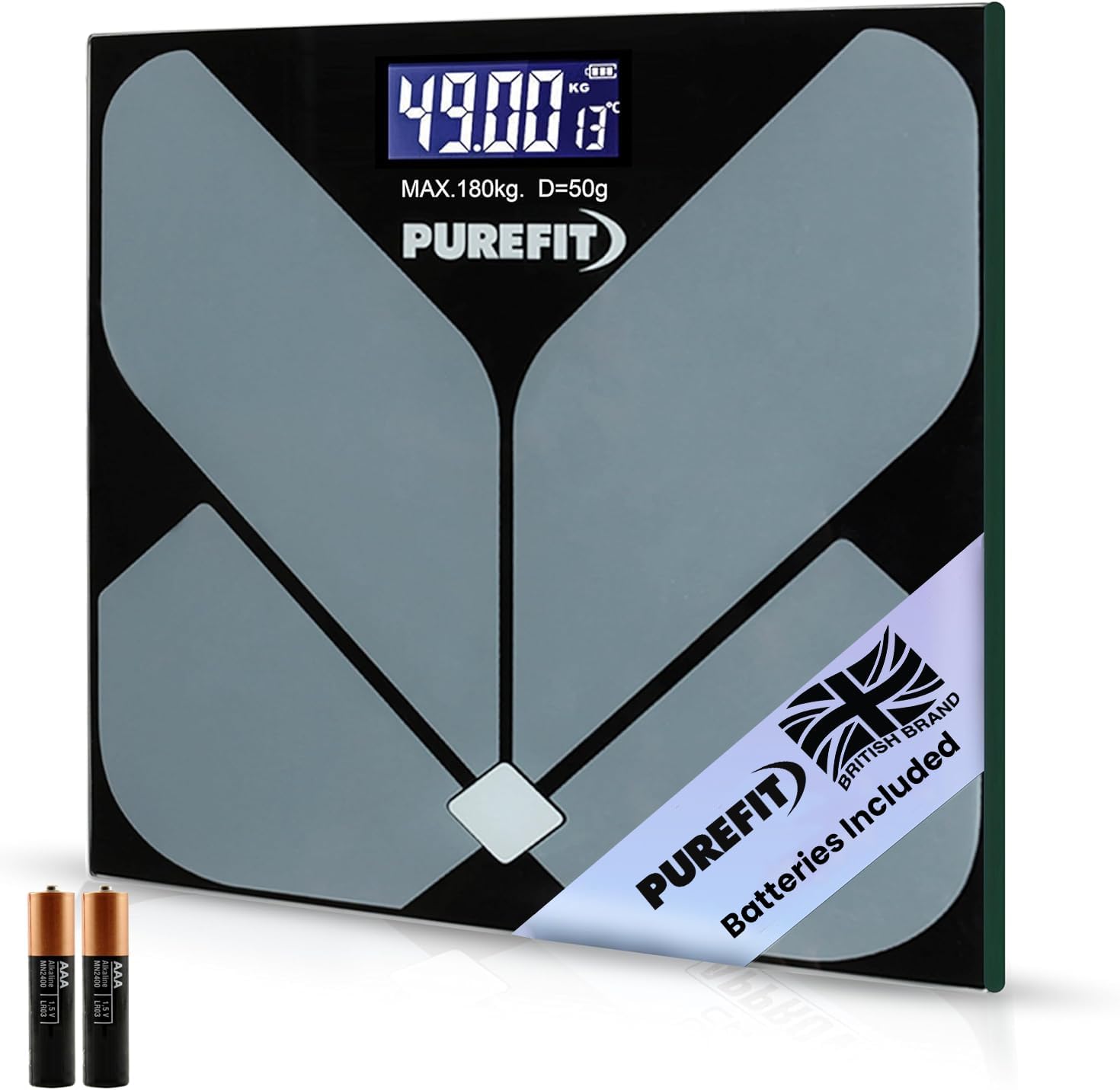 Digital Bathroom Scales for Body Weight - Ultra Slim Weighing Scales with High Precision Sensors, LED Display, Tempered Glass & Step-On | 2XAAA Batteries Included LB/KG/ST Max Weight 180KG