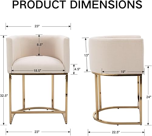 Miniatura 3 de Taburete de bar de 24 pulgadas de altura de mostrador, moderno taburete de bar con brazo, taburete tapizado de lino con marco de metal dorado para