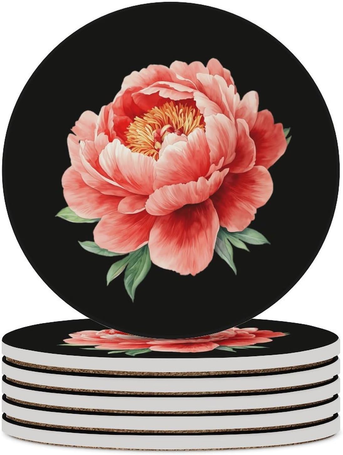 Peony Flower Round Ceramic Coasters Print Drinks Absorbent with Cork Base for Home Decor Gifts 4 Inch