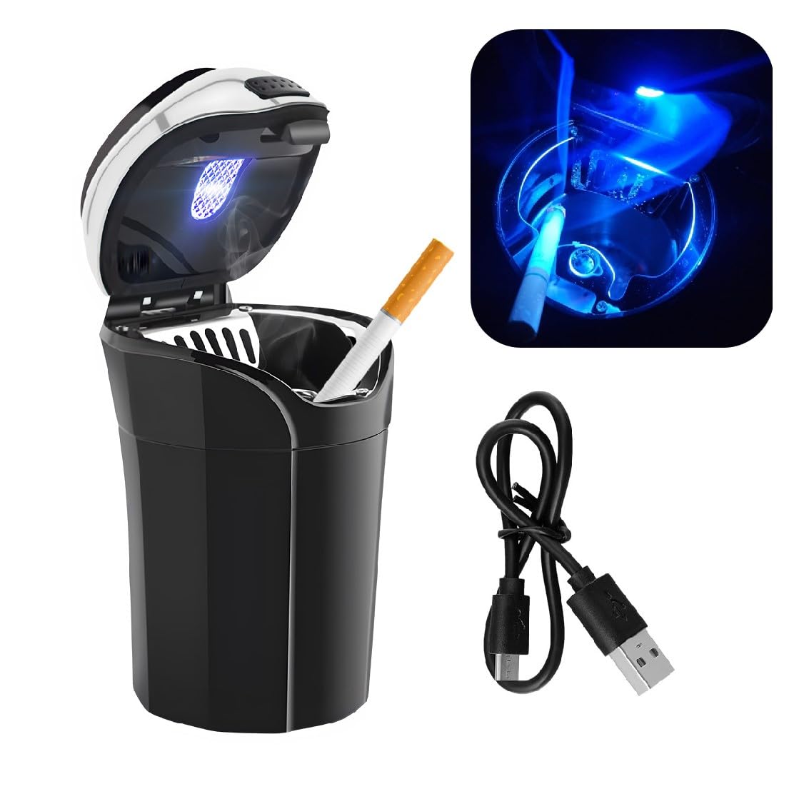 povtii Auto Aschenbecher mit Deckel, Wiederaufladbarer Edelstahl Auto Aschenbecher mit LED-Lichtanzeige, Tragbarer Geruchsdichter Aschenbecher Becher mit Deckel & Abnehmbarem Zigarettenanzünder