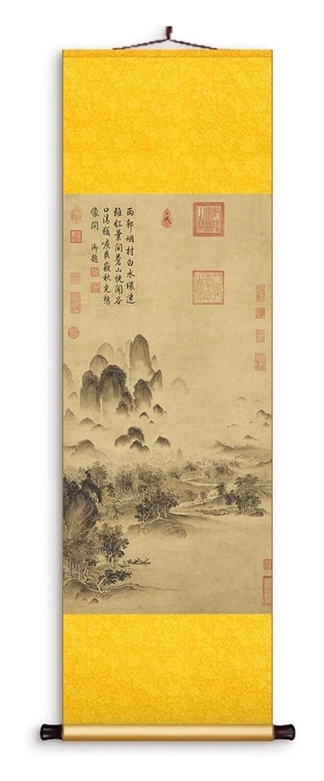 Obraz z jesiennym krajobrazem w stylu vintage, chiński jedwabny obraz ścienny do salonu, orientalny wiszący plakat Feng Shui(Yellow,50L x 158W cm)