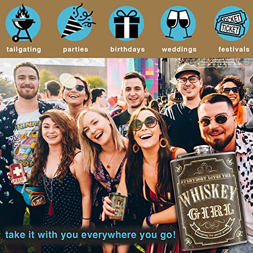 Whiskey Girl 8 Oz Stainless Steel Hip Flask For Liquor - Comes In A Gift Box - Leakproof Design - Easy To Clean - 3.75” X 5.75” - By Trixie & Milo #TOP2