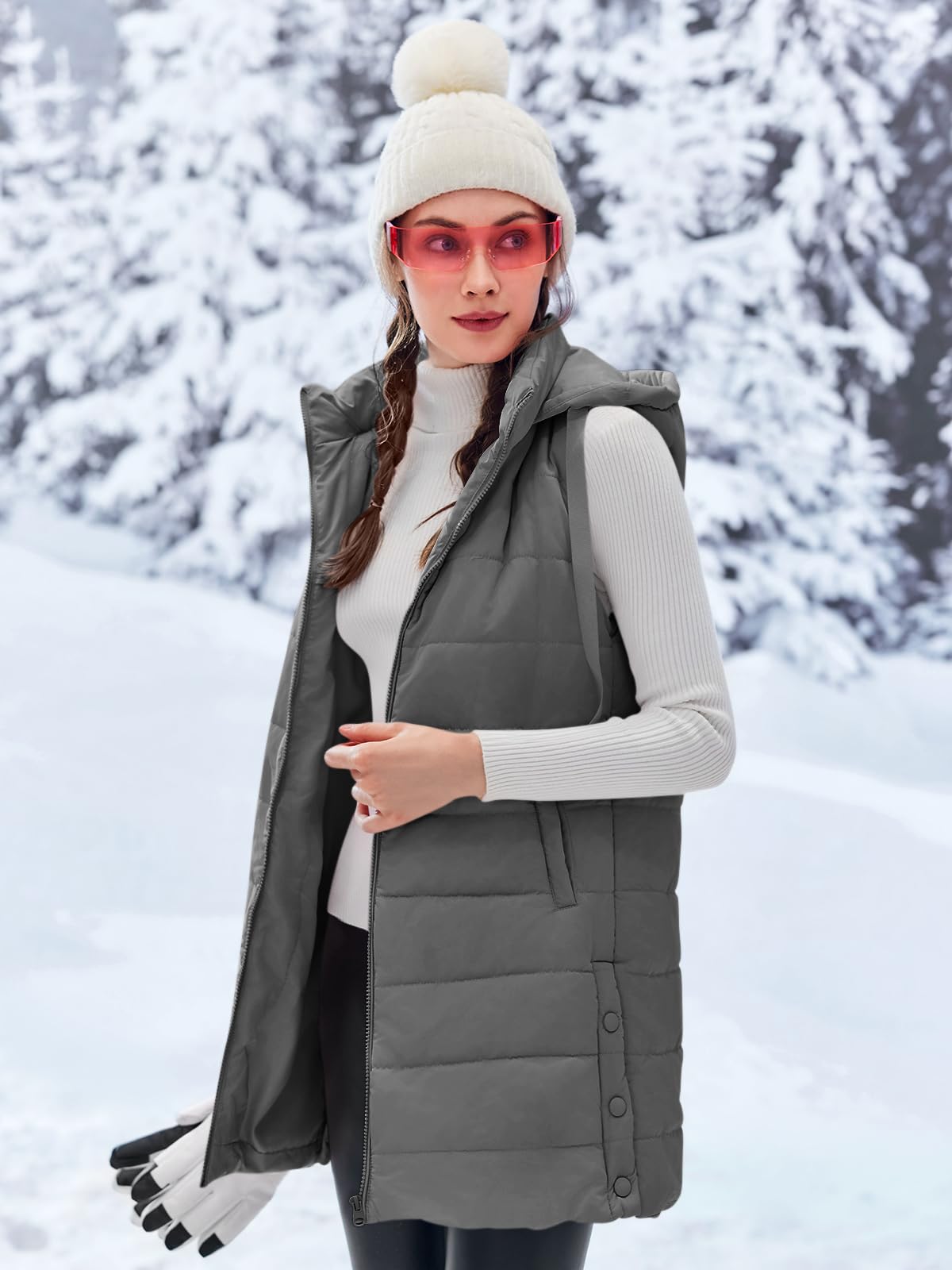 Imily Bela Damen Steppweste Lange Leichte Weste mit Kapuze Ärmellos Winterjacke Warm Übergangsweste
