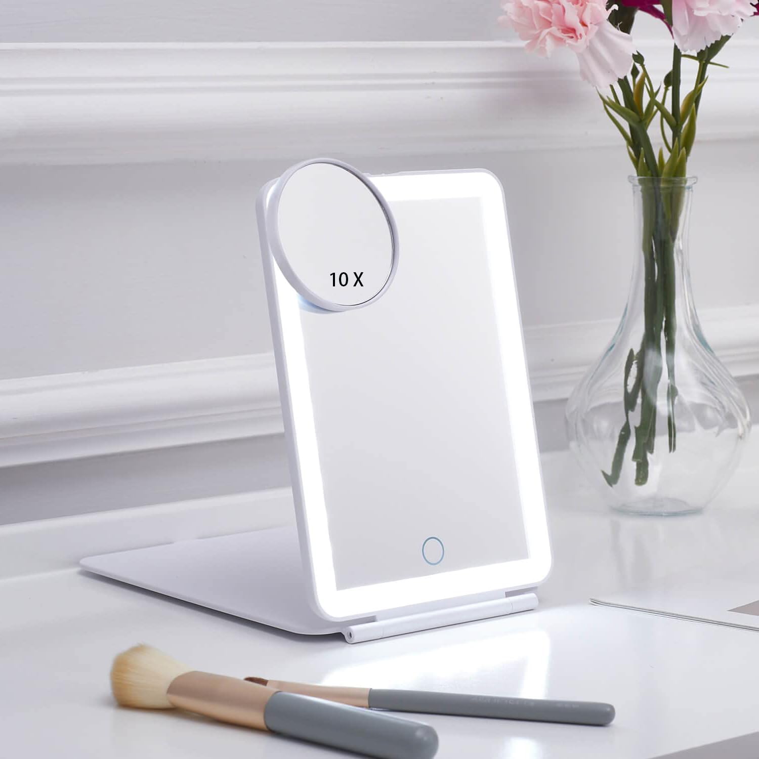 LED Foldable Travel Makeup Mirror - 5x7 inches 3 Colors Light Modes USB Rechargeable Touch Screen, Portable Tabletop Cosmetic Mirror Perfect for Travel, Makeup & Beauty Needs, Office (White)