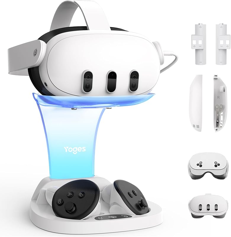 YOGES Base de carga para Meta Quest 3S, estación de carga rápida Quest 3 con kit de 2 baterías recargables, base de carga VR Heatset para accesorios Oculus Quest 3/Quest 3S, soporte Elite Strap