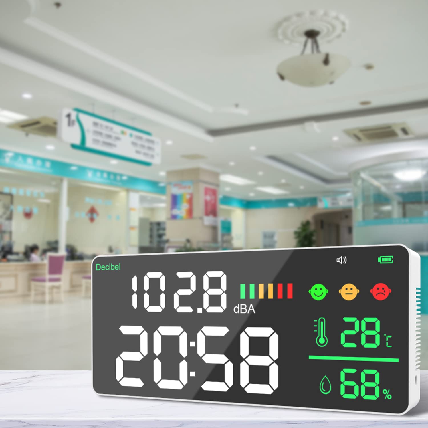 DezibelmessgeräT Schallpegelmesser zum AufhäNgen ein der Wand 30-130 DB Reichweite 11 Zoll GroßEs LED-Display GeräUschzeit Temperatur(℃), Anwendungen für Zuhause, Studio usw