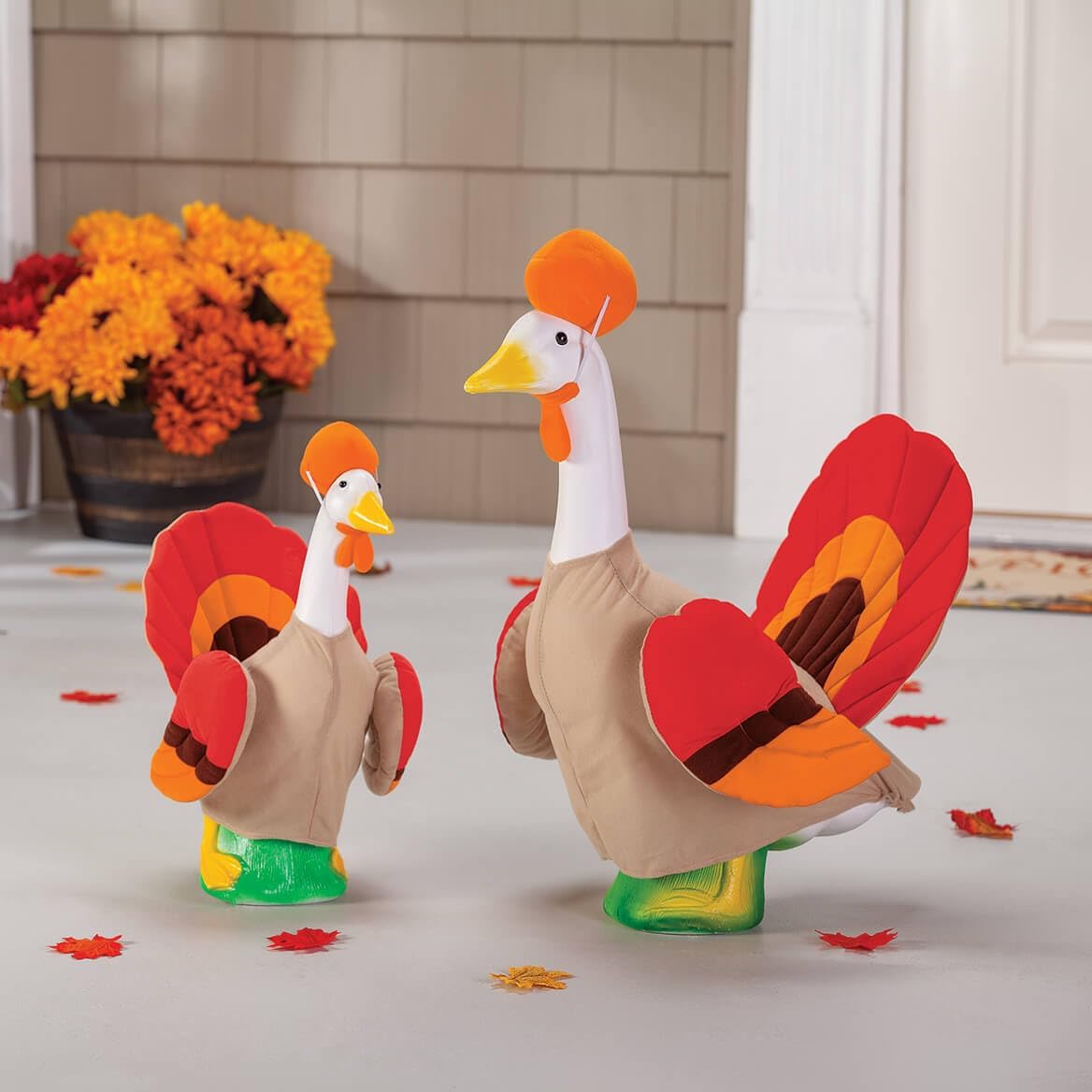 Fox Valley Traders Gaggleville Goose Turkey Bundle, Includes 1 Large 23" White Goose, 1 Baby 17" White Goose and 2 Outfits - 1 Baby & 1 Large Turkey Goose Outfit Included