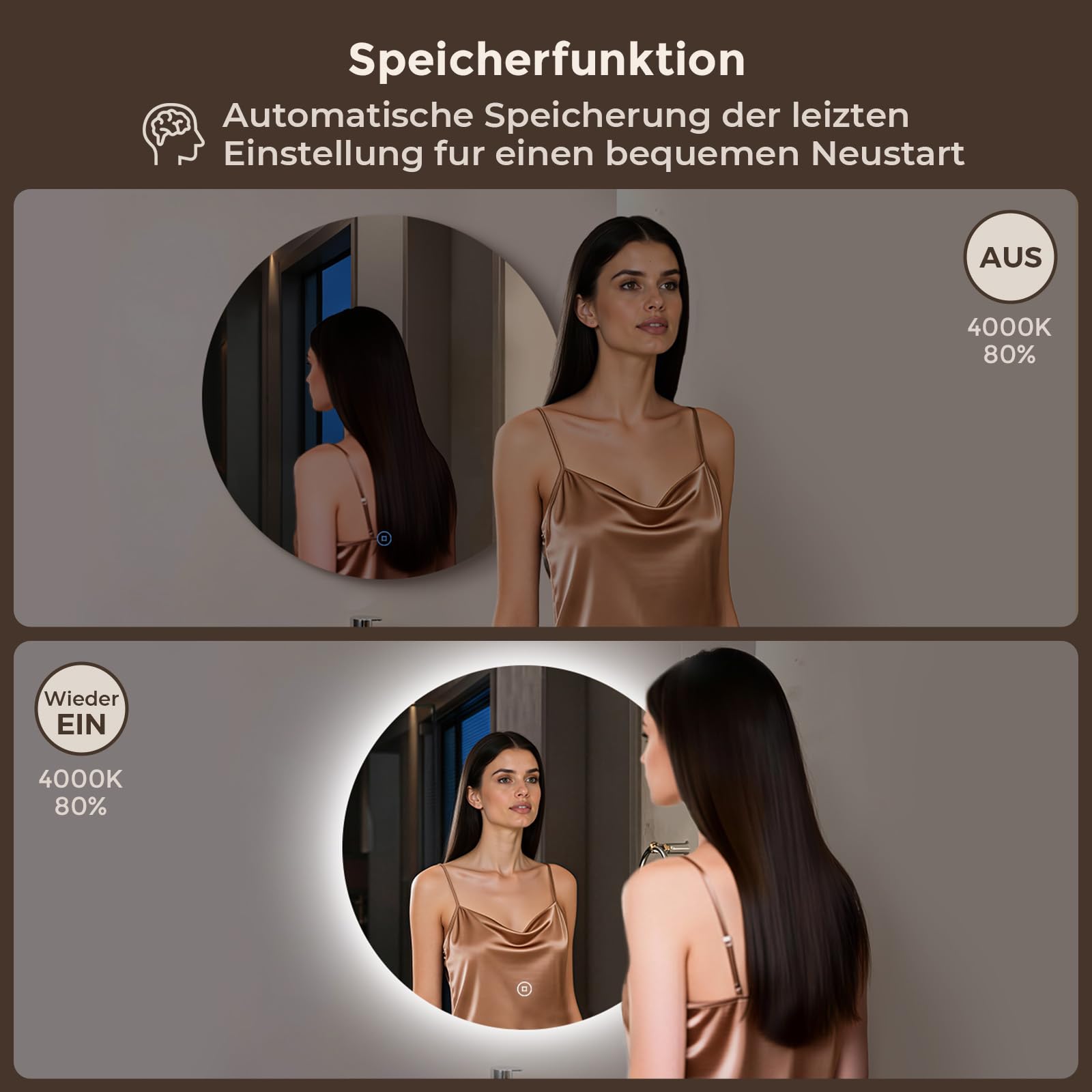 Badspiegel mit Beleuchtung Rund 60 cm, Rahmenlos, Kaltweiß 6500K
