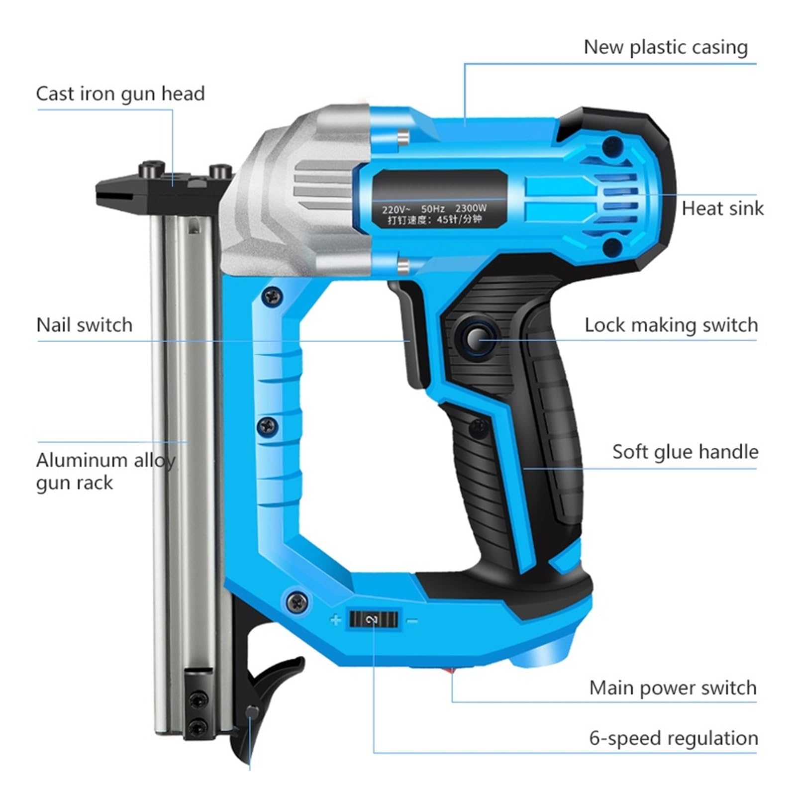 Pistolet do gwoździ, 2300W Elektryczny Pistolet Do Gwoździ 6-biegowy Stalowy Obróbki Drewna Gwoździarka Betonu Cementowa Ściana Rząd(SET2)