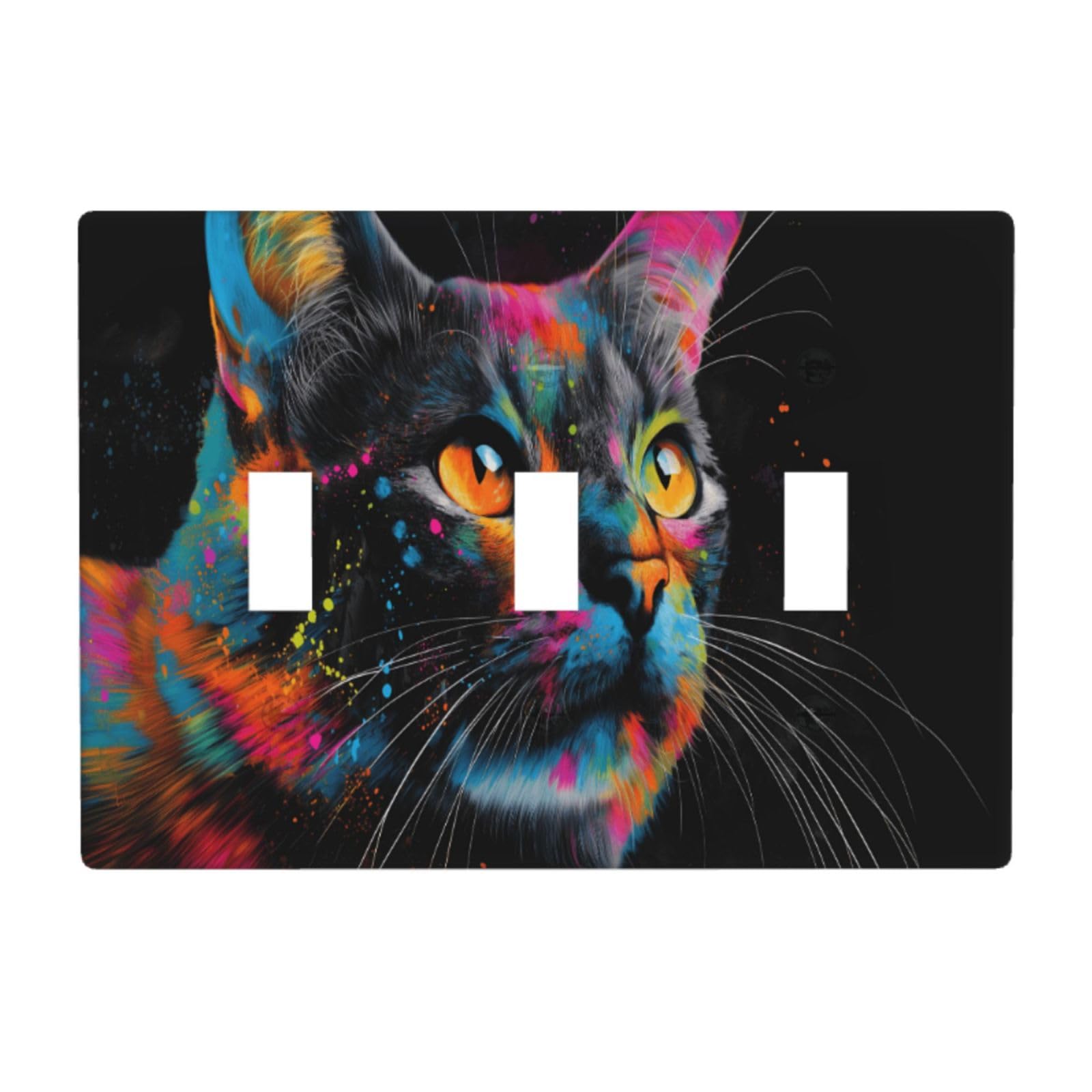 Neon-Painted Cat Portrait Light Switch Covers 3 Gang Triple Toggle Wall Plate Switchplate Electrical Faceplate for Bathroom Kitchen Bedroom Decor