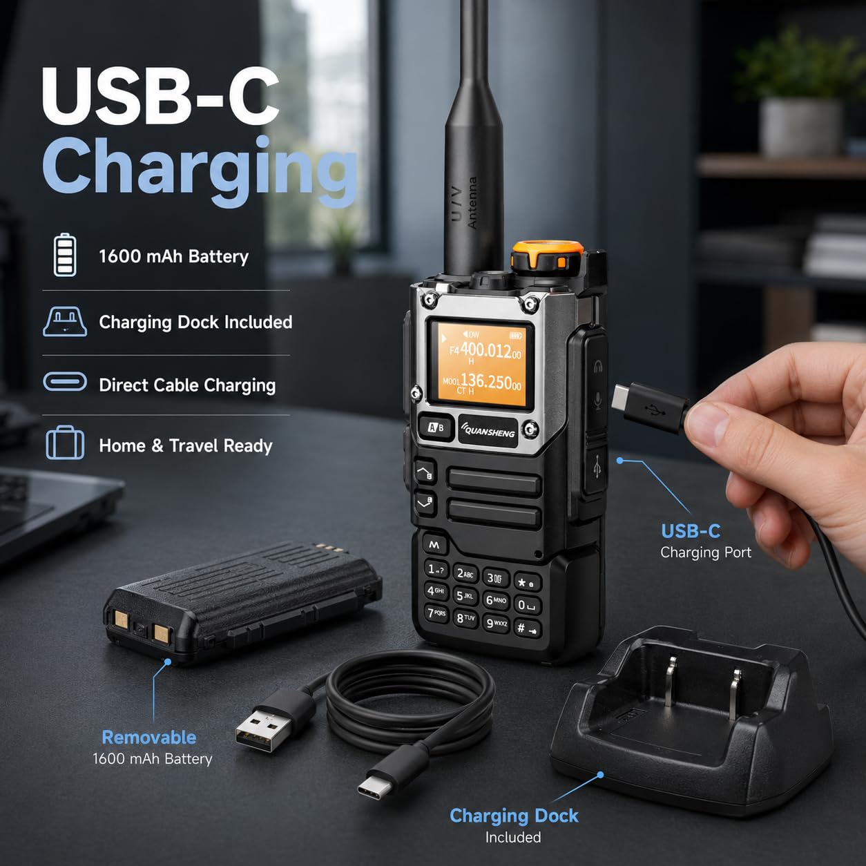 QUANSHENG UVK5(8) AM/FM/DTMF Walkie-Talkie 200 kanałów Type-C