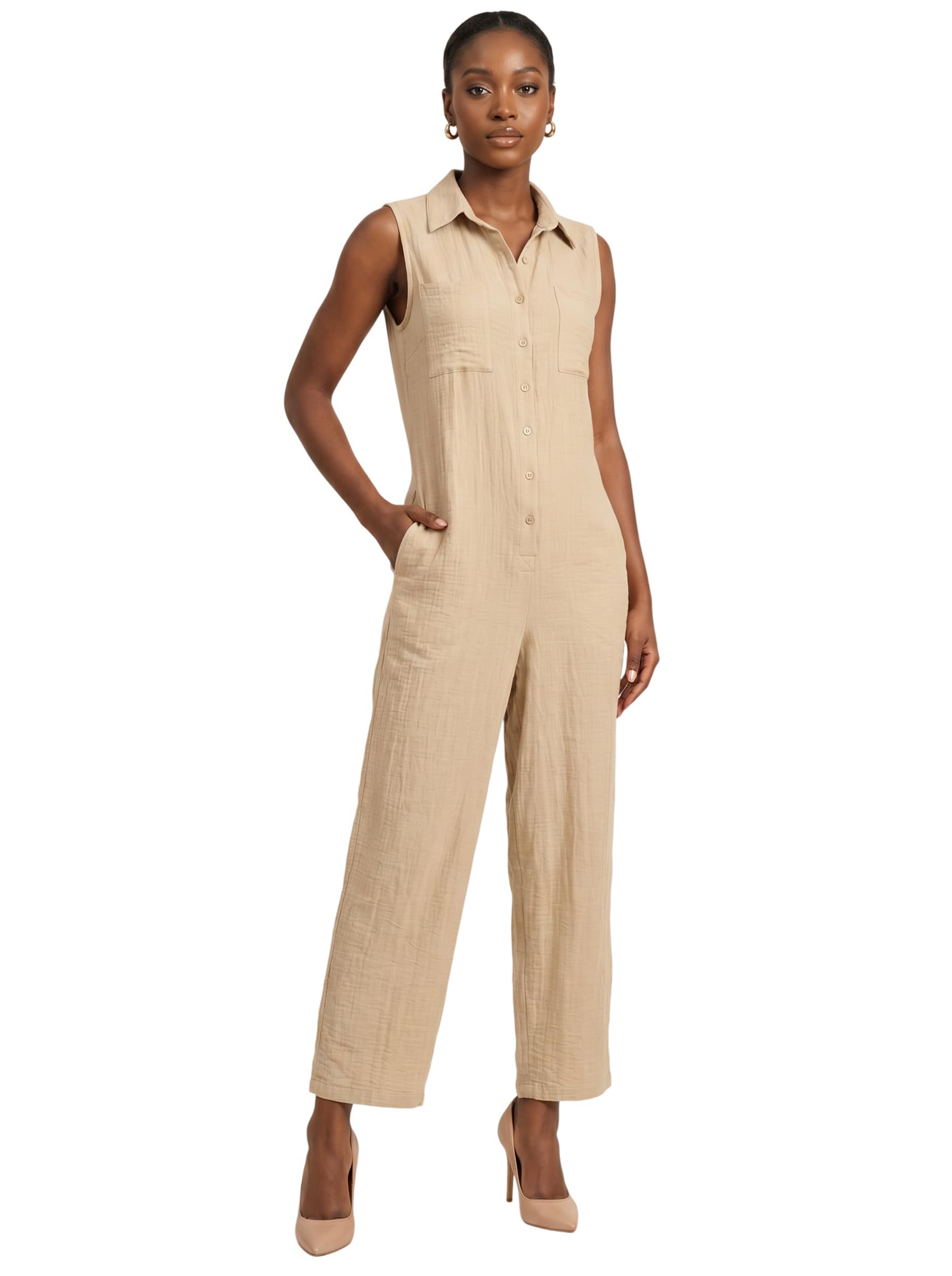 Women’s Linen Sleeveless Jumpsuit, Full Length Casual Summer Romper-image-42