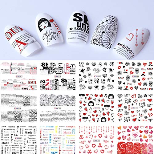 N-A 12 Love Designs Nail Art Decals Water Sticker Girl Text Line Slider Stencil Temporary Tips