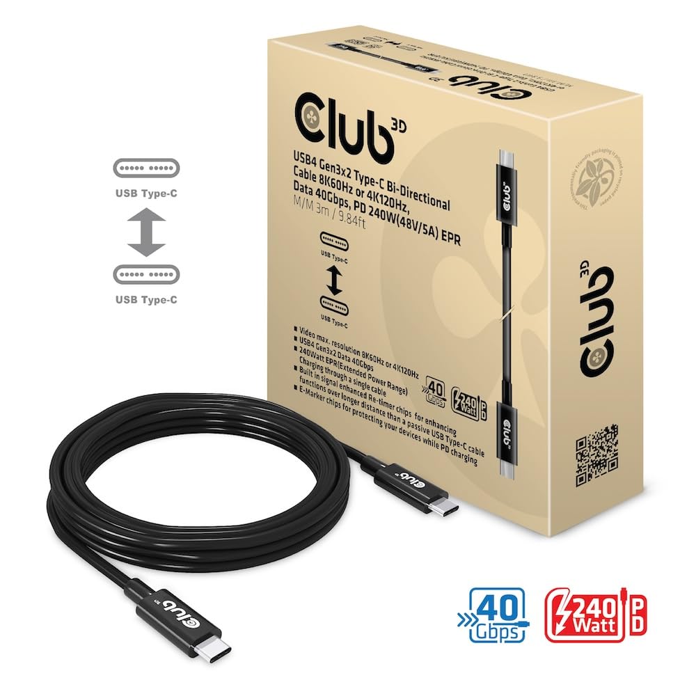 Club3D CAC-1579 USB4 Gen3x2 Tipo-C - Cable bidireccional 8K60Hz o 4K120Hz, Data 40Gbps, PD 240W (48V/5A) EPR St/St 3m