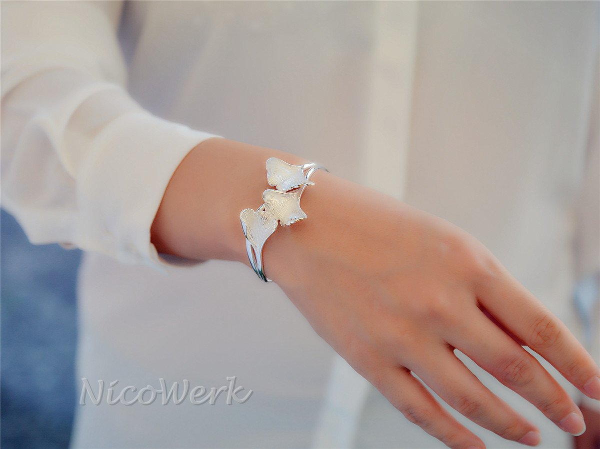 NicoWerk Silber Armreif Ginkgo-Blatt Ginko Natur Breit Matt Glatt Armspange Armband 925 Damen Schmuck Geschenk Sterling SAR117