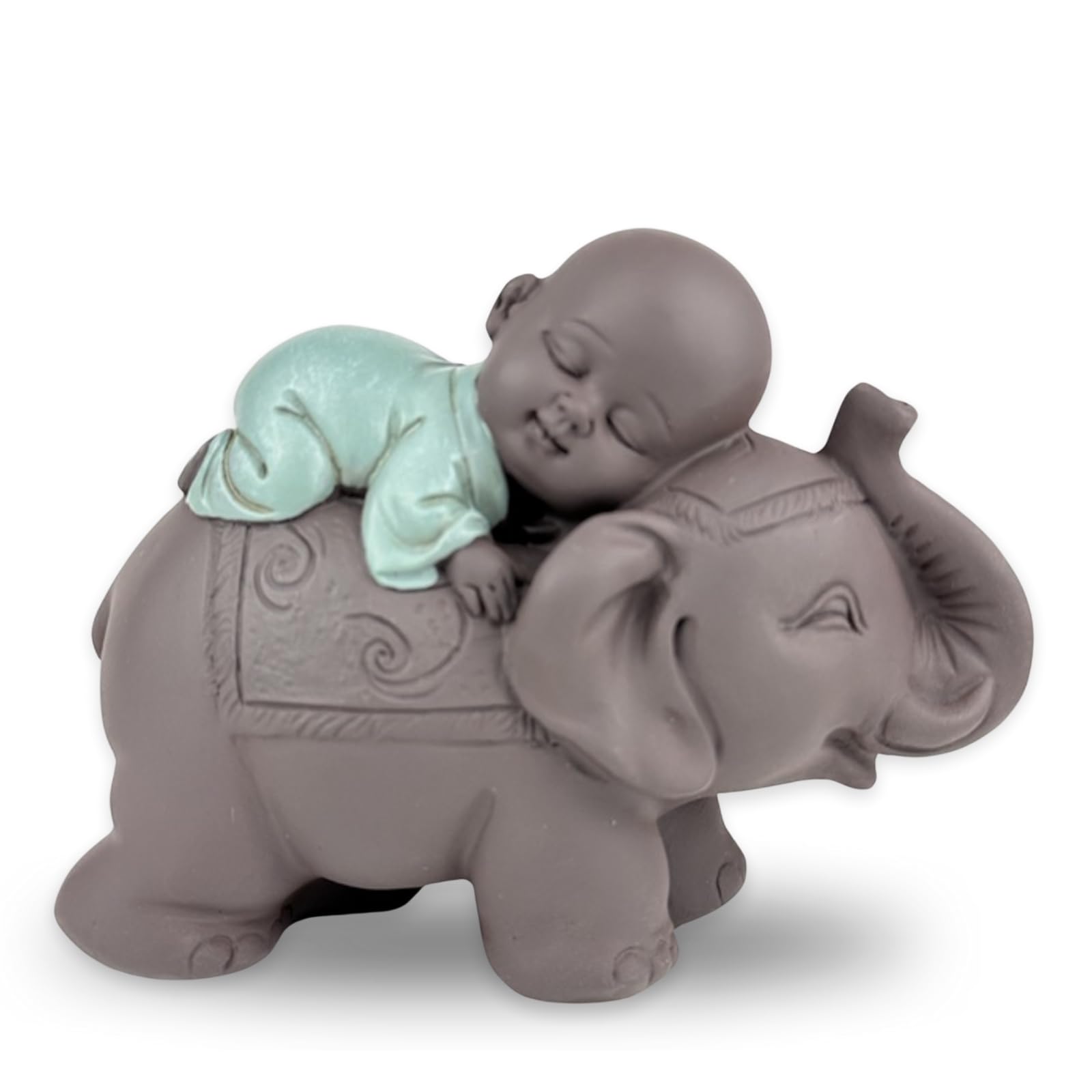 Zen'Light - Estatua de Buda durmiendo sobre Elefante, atmósfera Zen en su Espacio Sagrado, Hermosa Figura de la Suerte, Altura de 9,5 cm, marrón y Verde