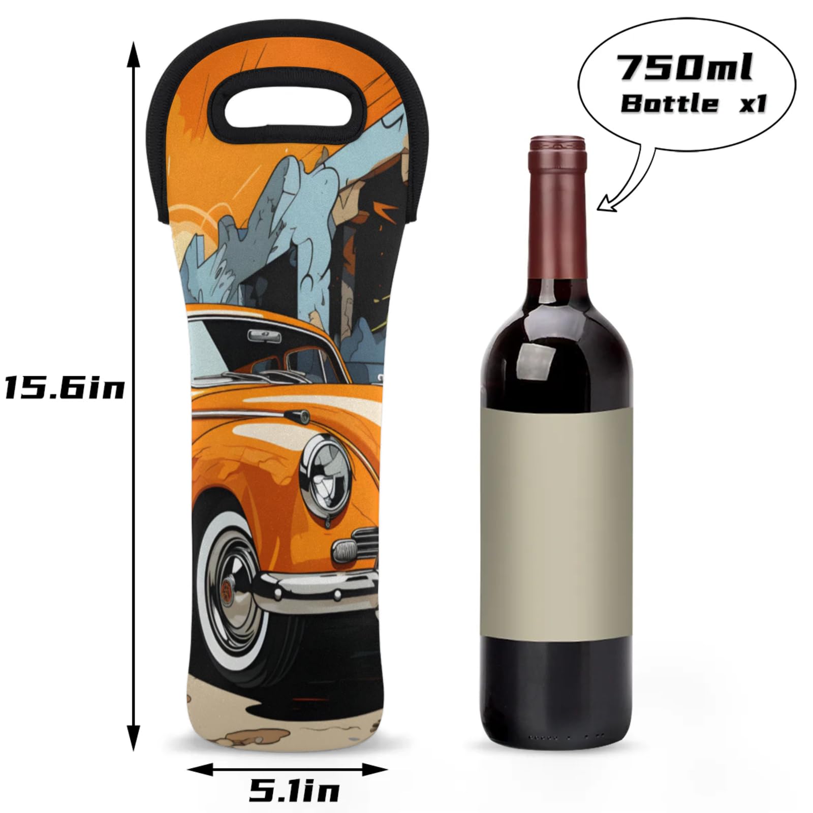 Neoprene Wine Tote Carrier Bag for Wine,Water, Champagne, Beer, Baby Bottles 15.6 x 5.1 Inches, Protective Wine Bag,Retro Sport Car