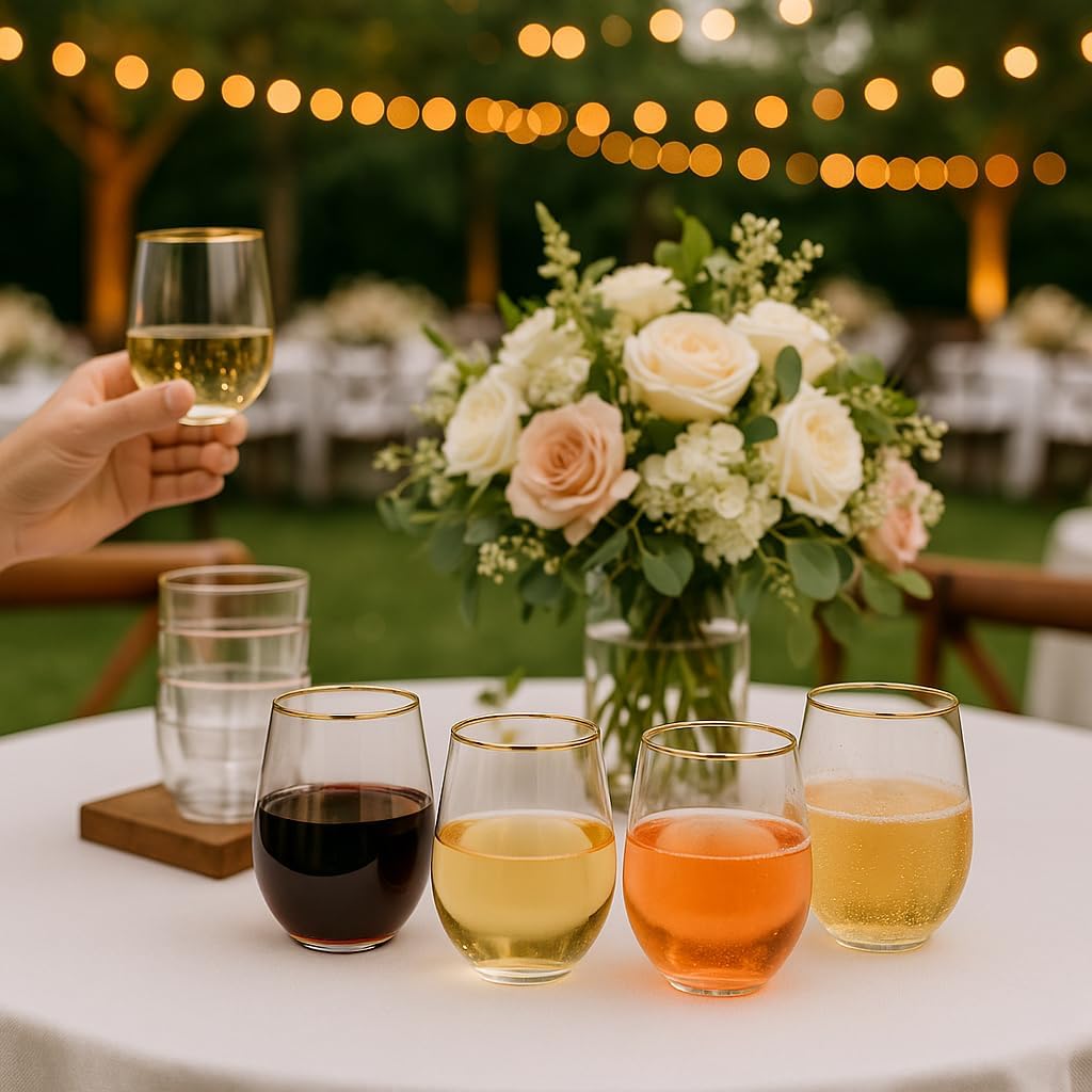 Oojami 36 Pack Disposable Wine Glasses 12oz Stemless Plastic Gold Rim - Crystal Clear Unbreakable for Wedding, Party, Birthday & Events - Image 2