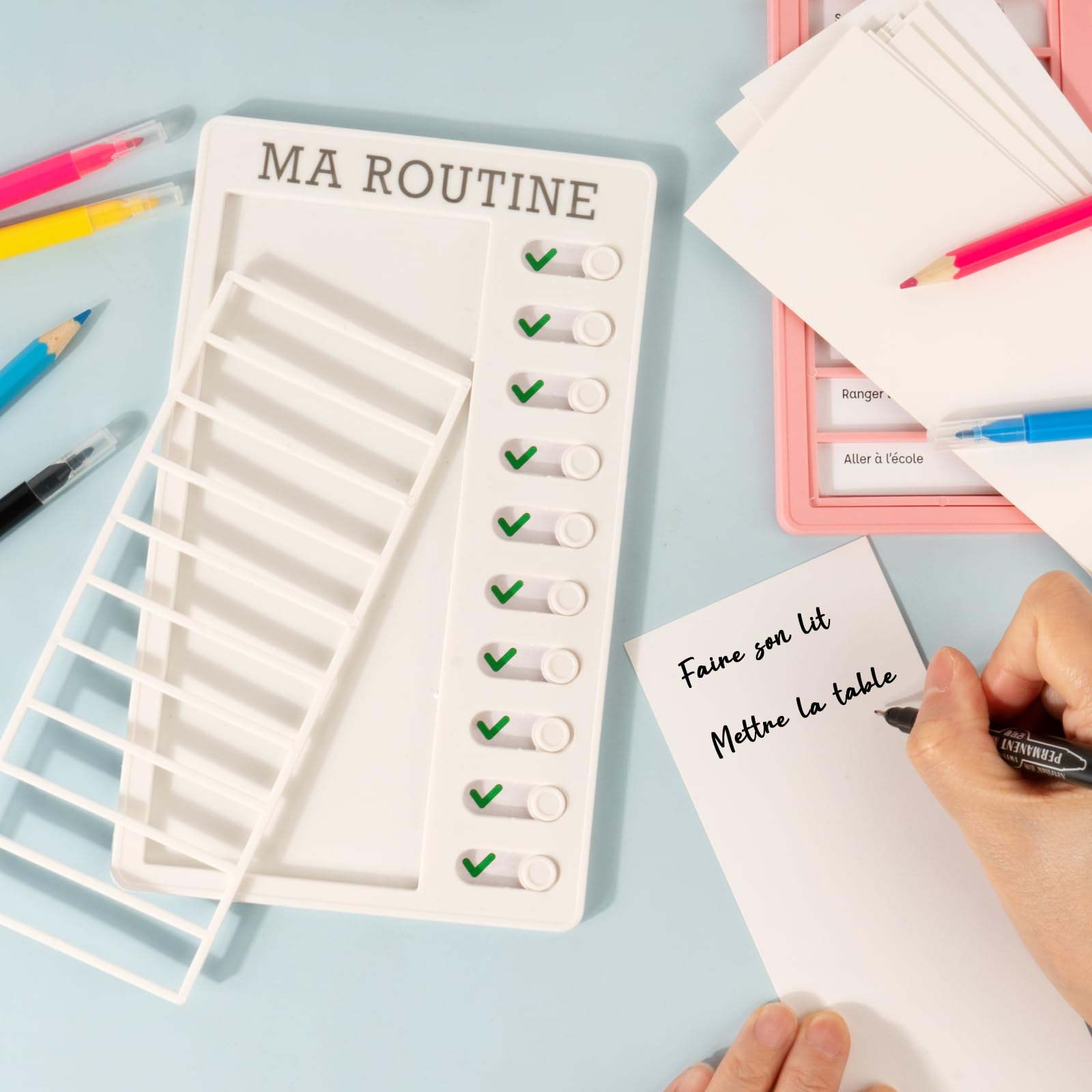 Lot De 2 Tableaux De Planification 20x12 Cm - Checklist Réutilisable + 10 Cartes Blanches - Pour Enfants, Tâches Ménagères, études